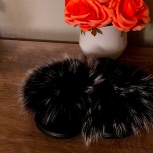 Black and White Racoons Fur Slides